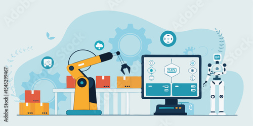 flat vector design future digital manufacturing with ai robotics automation working process concept 