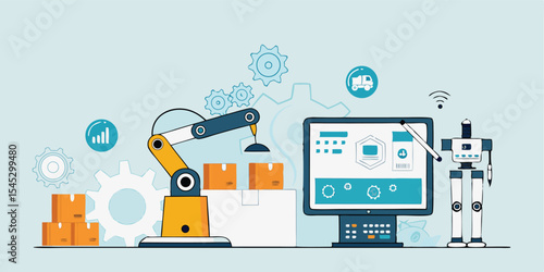 flat vector design future digital manufacturing with ai robotics automation working process concept 