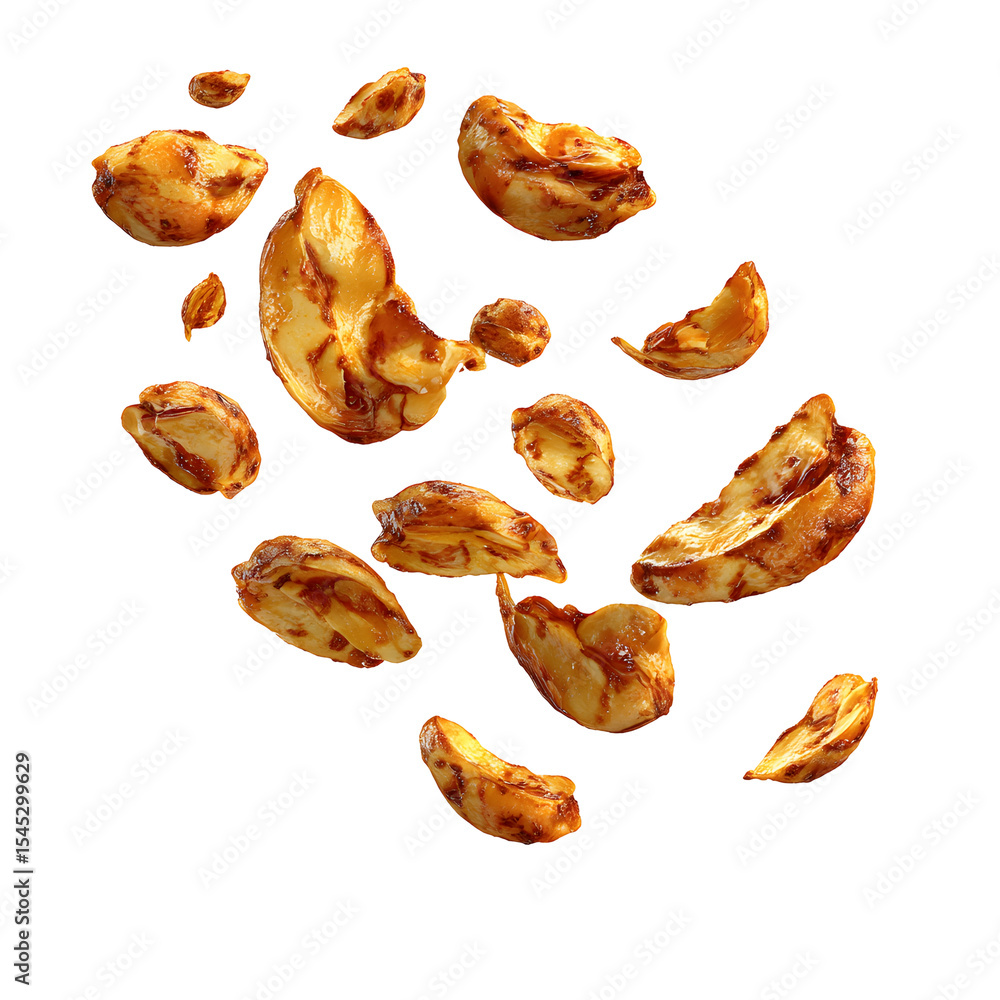 Roasted nut pieces in mid-air against a black background. Roasted nut pieces in mid-air against a black background.