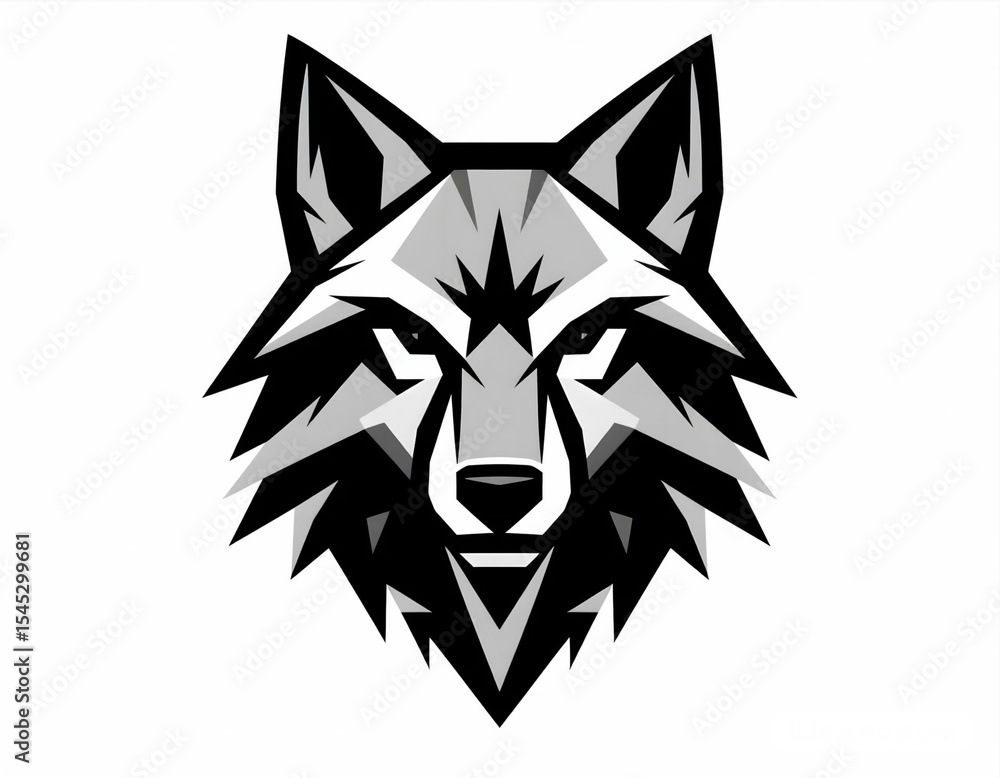 Fototapeta premium Fierce wolf head logo in minimalist geometric style. Silver and black flat design on white.
