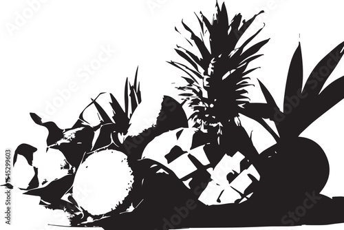 Still life of tropical fruits including dragon fruit mango and pineapple on a wooden surface