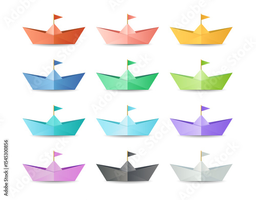 Colorful Origami boat with flag set isolated