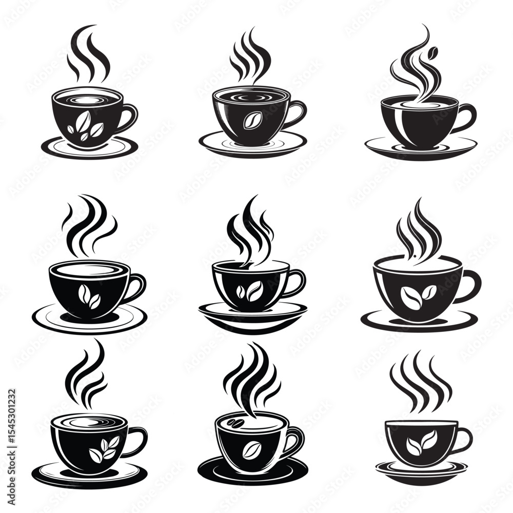 Black Coffee Cup Vector Set – Steaming Mug Silhouette Black Coffee Cup Vector Set – Steaming Mug Silhouette