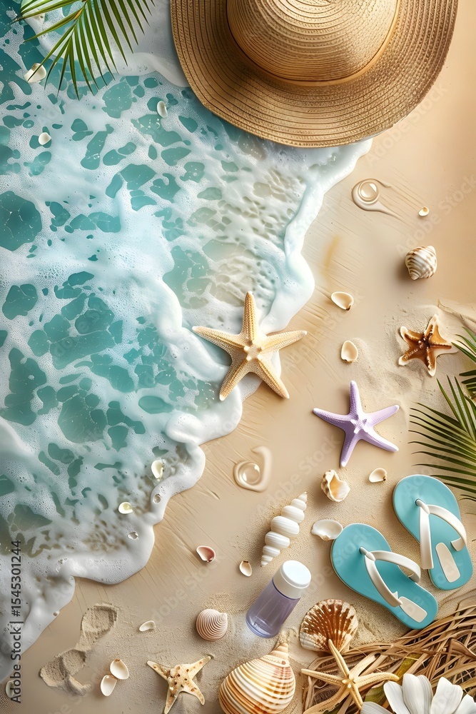 Naklejka premium Tropical Beach Scene with Seashells and Sun Hat on Sandy Shore