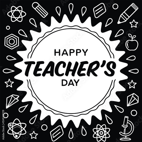 Happy teachers day celebration with school icons and decorative white elements on black background