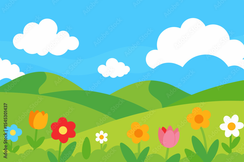 Cartoon spring landscape with colorful flowers and hills Cartoon spring landscape with colorful flowers and hills