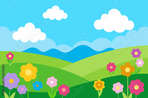 Cartoon spring landscape with colorful flowers and hills