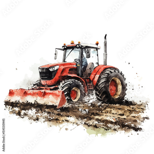 watercolor of Farm Tractor Plowing Field, vector, isolated on a white background.