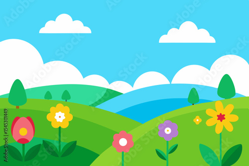 Spring landscape with colorful flowers and rolling hills