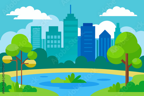 City park pond landscape illustration