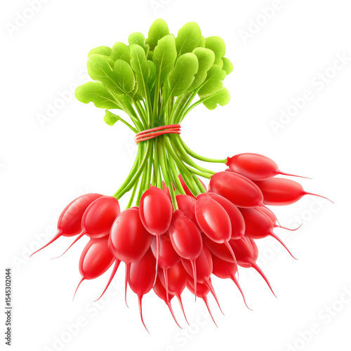 Bunch of fresh red radishes with green leaves on white background for food and farming visuals.