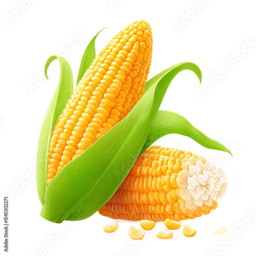 Whole corn cob with husk partially peeled isolated on white for farming and grain nutrition topics.