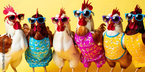A group of stylish chickens in colorful sunglasses