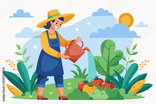 Vector illustration of a cartoon-style woman gardener wearing a hat, apron, and boots, watering green plants with a red watering can.