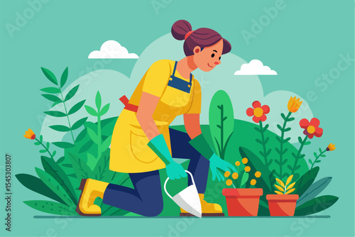 Vector illustration of a cartoon-style woman gardener wearing a hat, apron, and boots, watering green plants with a red watering can.