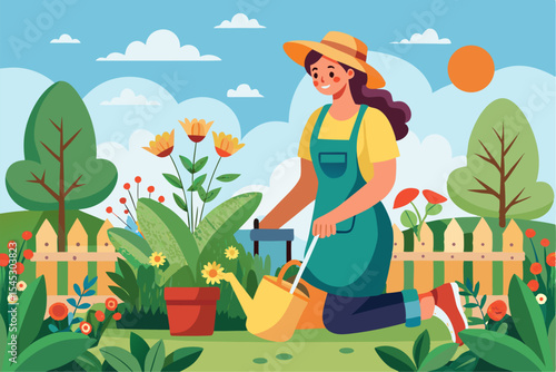 Vector illustration of a cartoon-style woman gardener wearing a hat, apron, and boots, watering green plants with a red watering can.