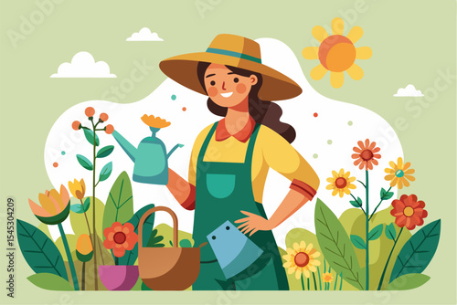 Vector illustration of a cartoon-style woman gardener wearing a hat, apron, and boots, watering green plants with a red watering can.