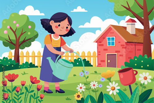 Vector illustration of a cartoon-style woman gardener wearing a hat, apron, and boots, watering green plants with a red watering can.