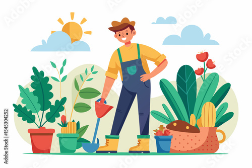 Vector illustration of a cartoon-style woman gardener wearing a hat, apron, and boots, watering green plants with a red watering can.
