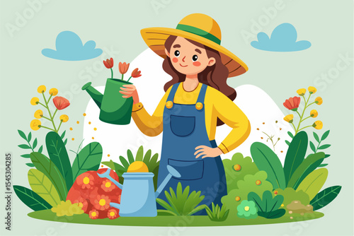Vector illustration of a cartoon-style woman gardener wearing a hat, apron, and boots, watering green plants with a red watering can.