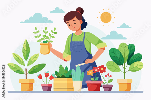 Vector illustration of a cartoon-style woman gardener wearing a hat, apron, and boots, watering green plants with a red watering can.