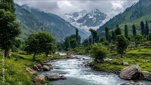 Scenic View of a Lush Kashmir Valley with Flowing River and Snow-Capped Mountains.  Generative AI

