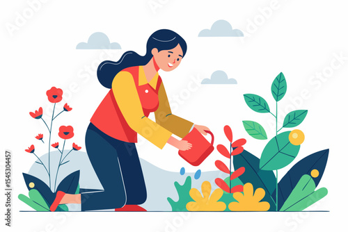 Vector illustration of a cartoon-style woman gardener wearing a hat, apron, and boots, watering green plants with a red watering can.