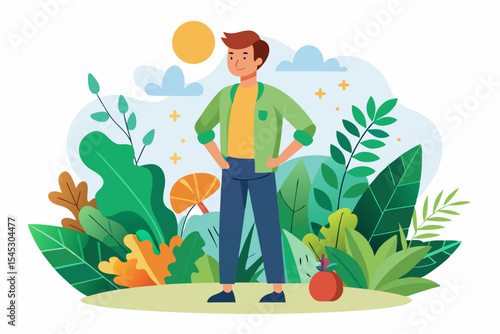 Vector illustration of a cartoon-style woman gardener wearing a hat, apron, and boots, watering green plants with a red watering can.