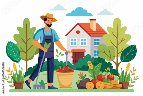 Vector illustration of a cartoon-style woman gardener wearing a hat, apron, and boots, watering green plants with a red watering can.