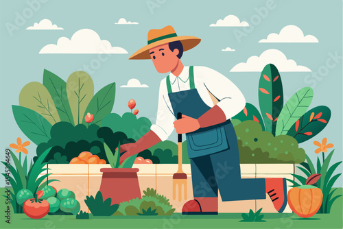 Vector illustration of a cartoon-style woman gardener wearing a hat, apron, and boots, watering green plants with a red watering can.