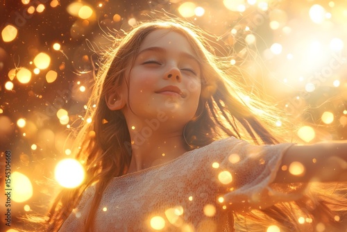 A dreamy, glowing atmosphere surrounds a young girl as she dances with graceful movements