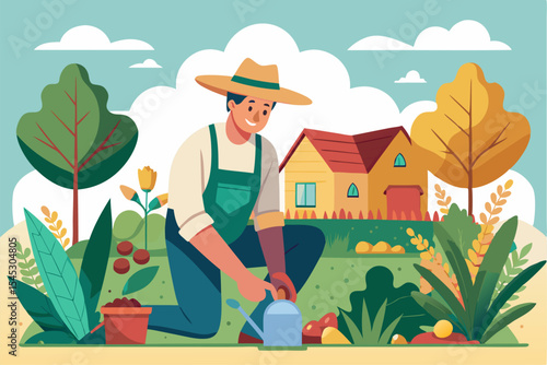 Vector illustration of a cartoon-style woman gardener wearing a hat, apron, and boots, watering green plants with a red watering can.