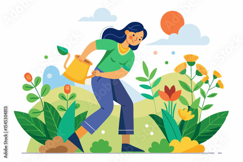 Vector illustration of a cartoon-style woman gardener wearing a hat, apron, and boots, watering green plants with a red watering can.
