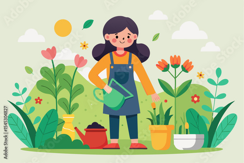 Vector illustration of a cartoon-style woman gardener wearing a hat, apron, and boots, watering green plants with a red watering can.