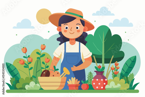 Vector illustration of a cartoon-style woman gardener wearing a hat, apron, and boots, watering green plants with a red watering can.