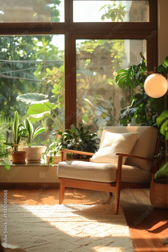 Fototapeta premium A newly renovated living room with minimalist-style furniture paired with greenery, soft sunlight streaming through large windows