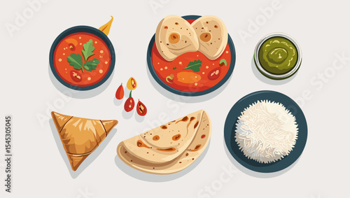 Illustration of indian cuisine featuring curry, rice, roti, samosa, and chutney dish