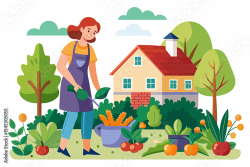 Vector illustration of a cartoon-style woman gardener wearing a hat, apron, and boots, watering green plants with a red watering can.