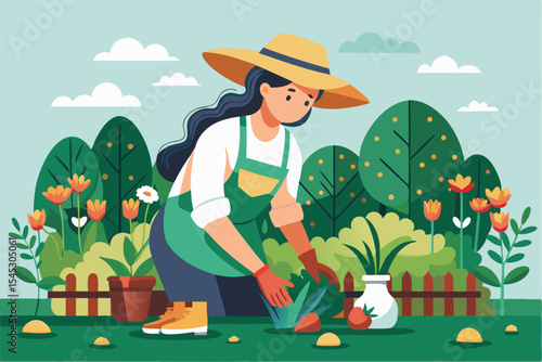 Vector illustration of a cartoon-style woman gardener wearing a hat, apron, and boots, watering green plants with a red watering can.