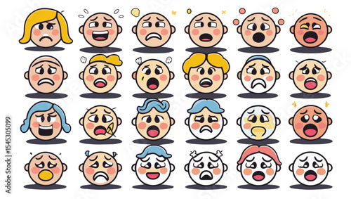Illustration of twenty four cartoon faces displaying a range of different emotions