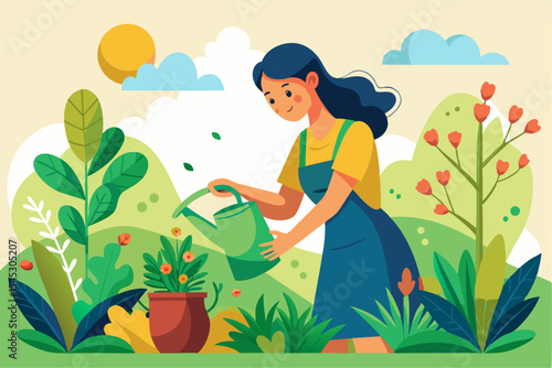 Vector illustration of a cartoon-style woman gardener wearing a hat, apron, and boots, watering green plants with a red watering can.