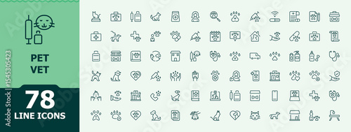Pet Vet simple icon set. Minimalist icons collection. Animal Care icon collection. Contains related to pet shop, vet, animal, aid, pet, vaccine, pharmacy and more.