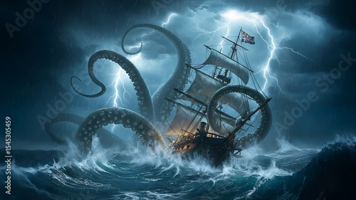Illustration of a giant sea monster resembling a kraken whose tentacles surround and attack a sailing ship in a stormy, dark sea