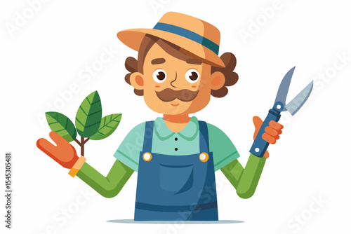 Vector illustration of a cartoon-style woman gardener wearing a hat, apron, and boots, watering green plants with a red watering can.