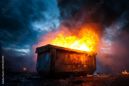 Dumpster fire burning waste container flames smoke and dark sky dramatic scene for news and emergency reports