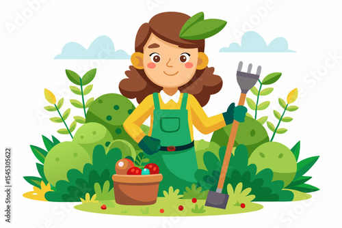 Vector illustration of a cartoon-style woman gardener wearing a hat, apron, and boots, watering green plants with a red watering can.