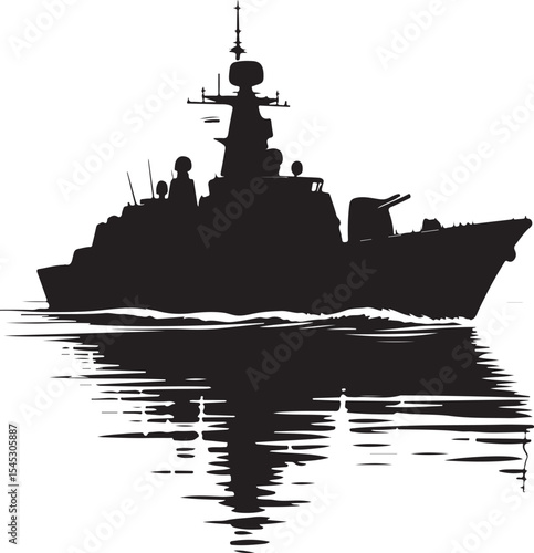 Silhouette of a military warship cruising the ocean with detailed water reflections