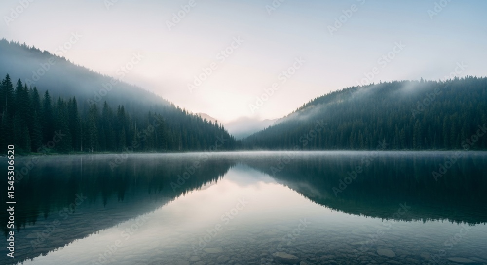 Fototapeta premium Serene Sunrise over Misty Mountain Lake A Breathtaking Landscape Photograph