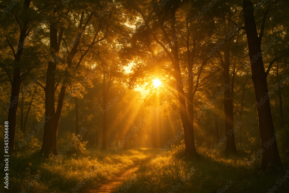 Fototapeta premium Sunlight streaming through trees along a forest path.
