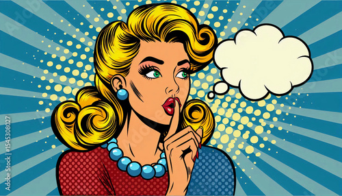 Woman show silence sign. Іllustration in retro pop art style. Message Shhh for stop talking and be quiet.	